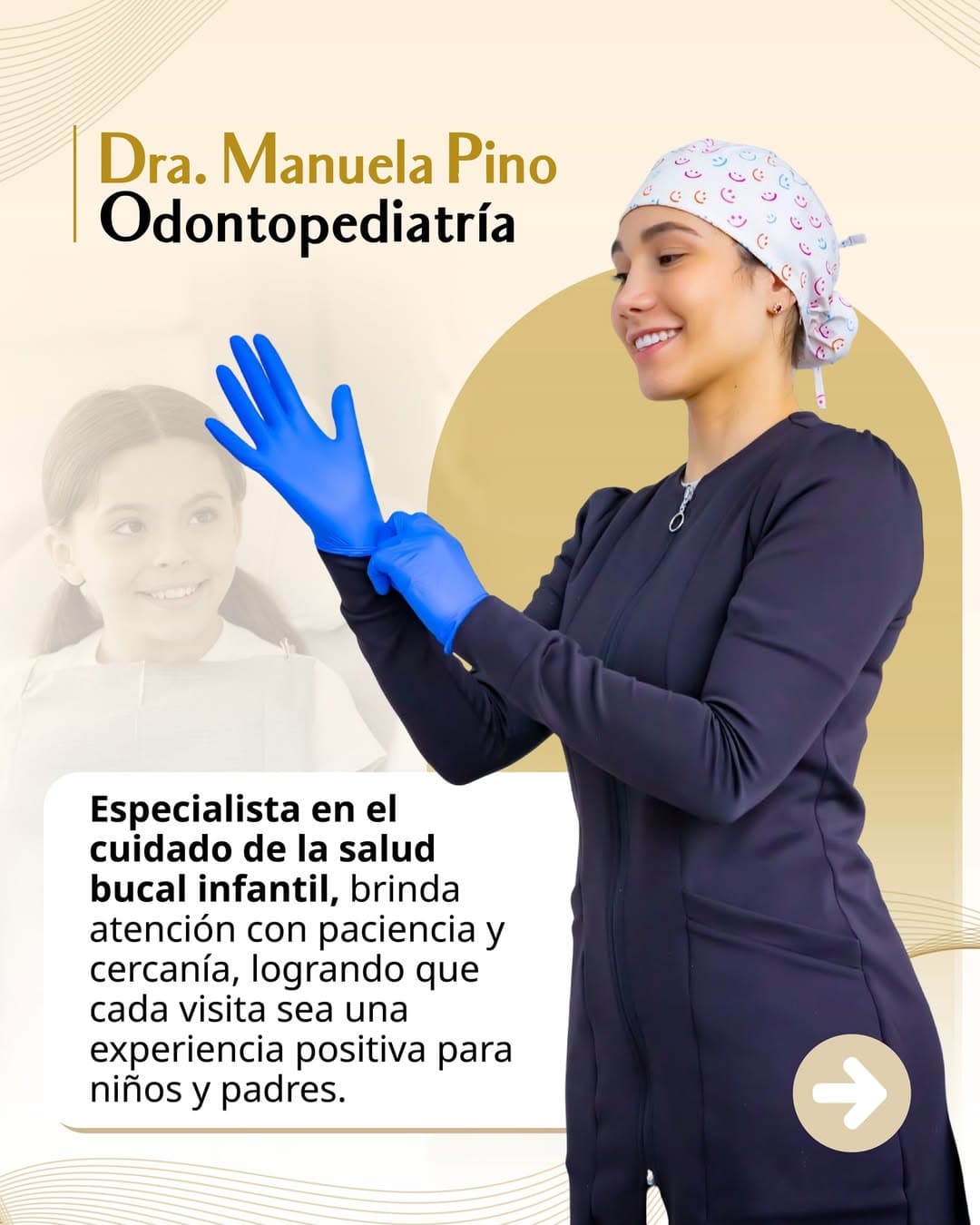 Dra. Manuela Pino, Odontopediatría. Especialista en el cuidado de la salud bucal infantil, brinda atención con paciencia y cercanía, logrando que cada visita sea una experiencia positiva para niños y padres.