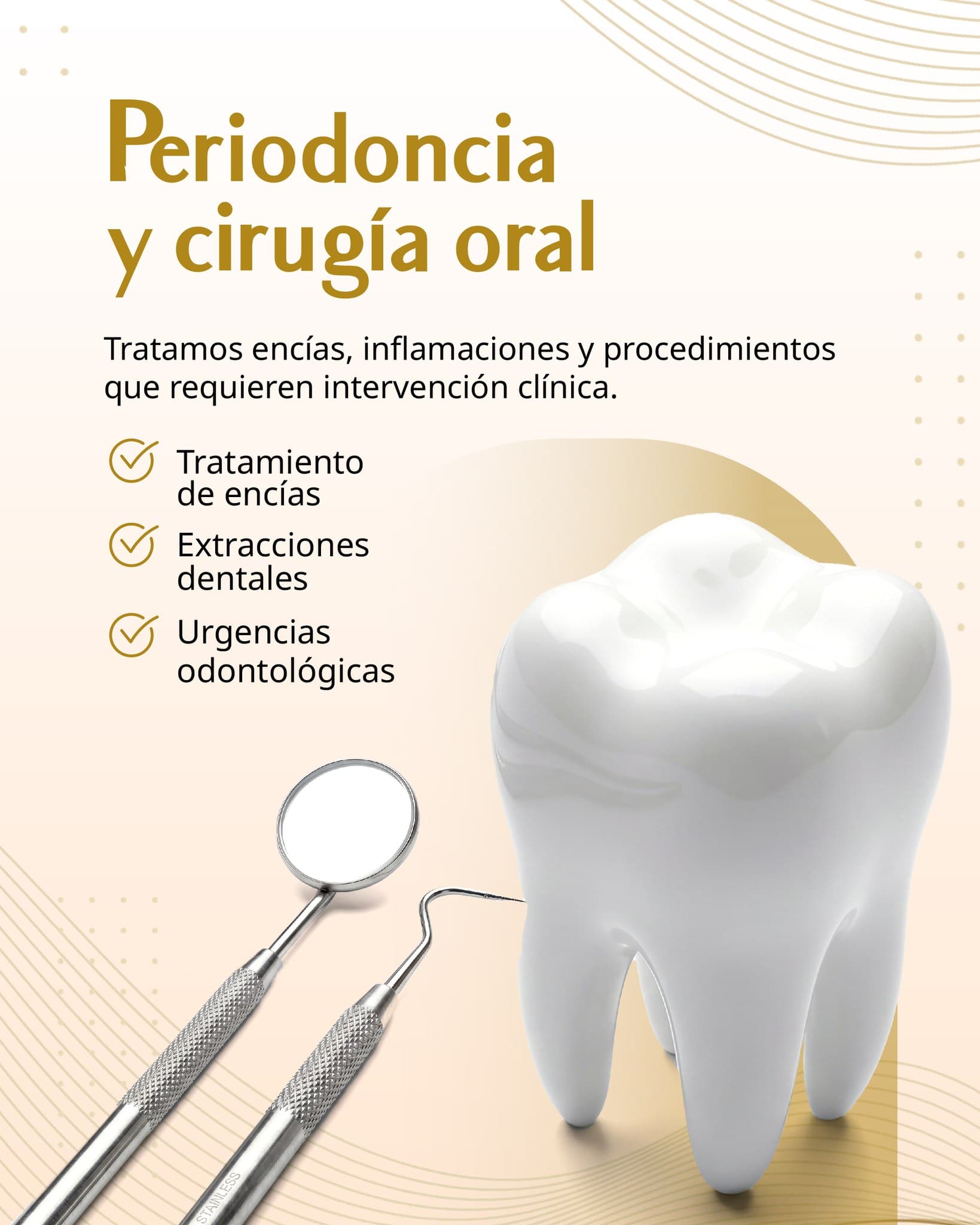 Periodoncia y cirugía oral — Tratamos encías, inflamaciones y procedimientos que requieren intervención clínica.